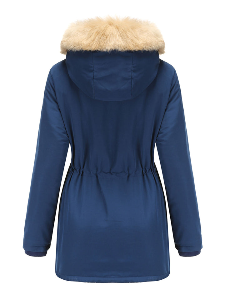 Faux Fur Hooded Winter Coat with Adjustable Waist and Front Closure