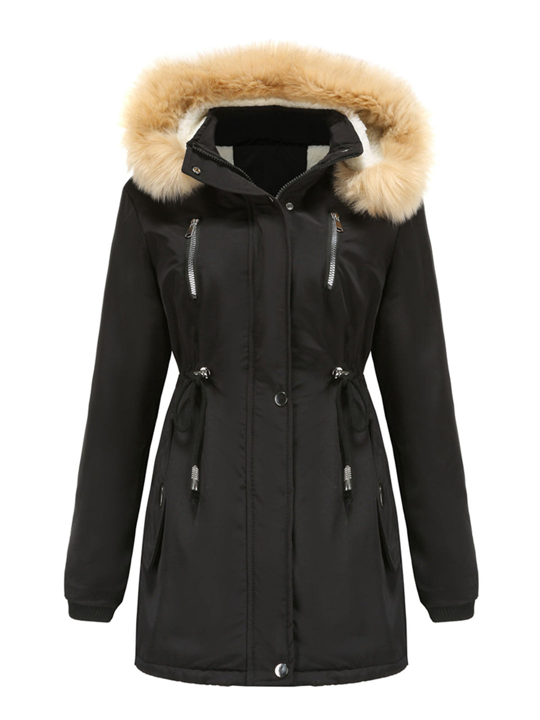 Faux Fur Hooded Winter Coat with Adjustable Waist and Front Closure