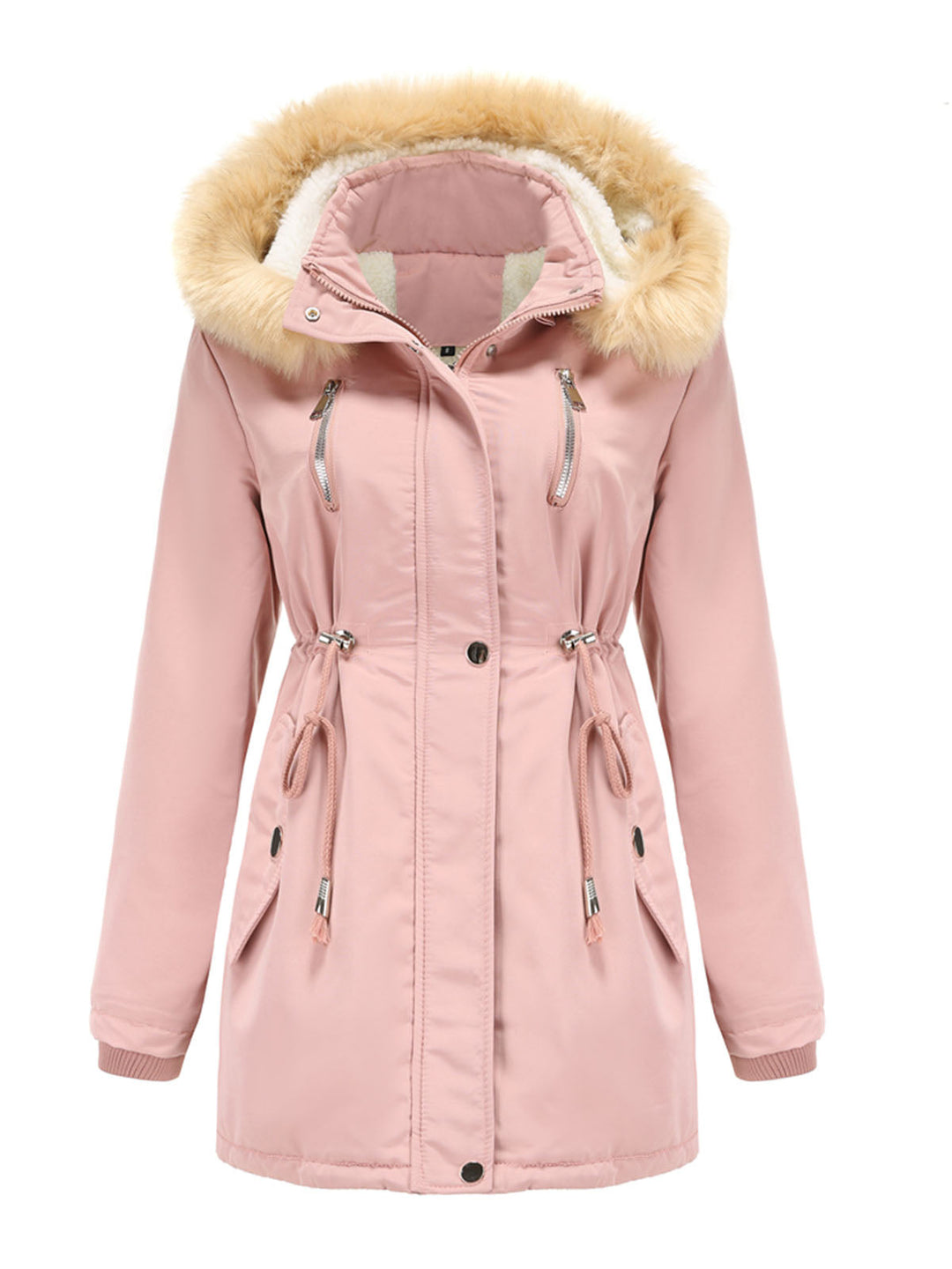 Faux Fur Hooded Winter Coat with Adjustable Waist and Front Closure