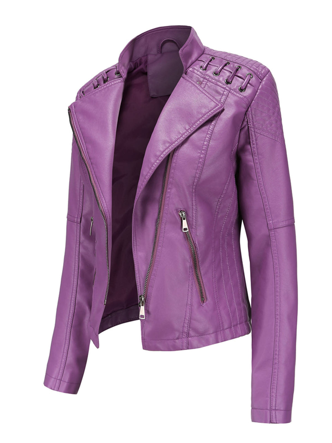 Asymmetrical Zip Moto Jacket with Lace-Up Shoulder Detail