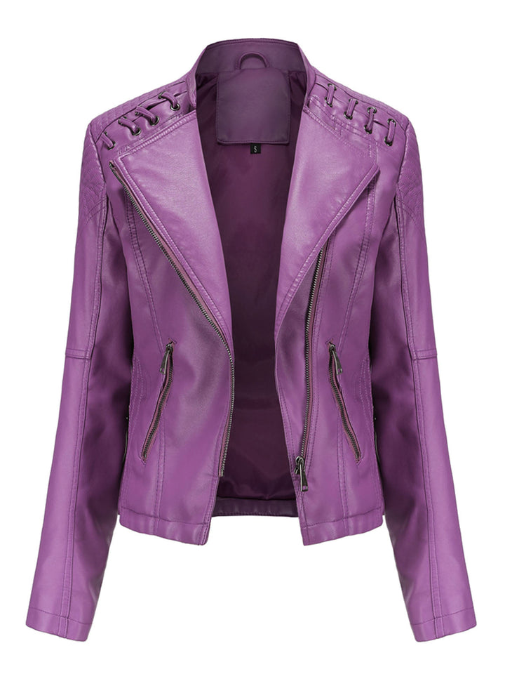Asymmetrical Zip Moto Jacket with Lace-Up Shoulder Detail
