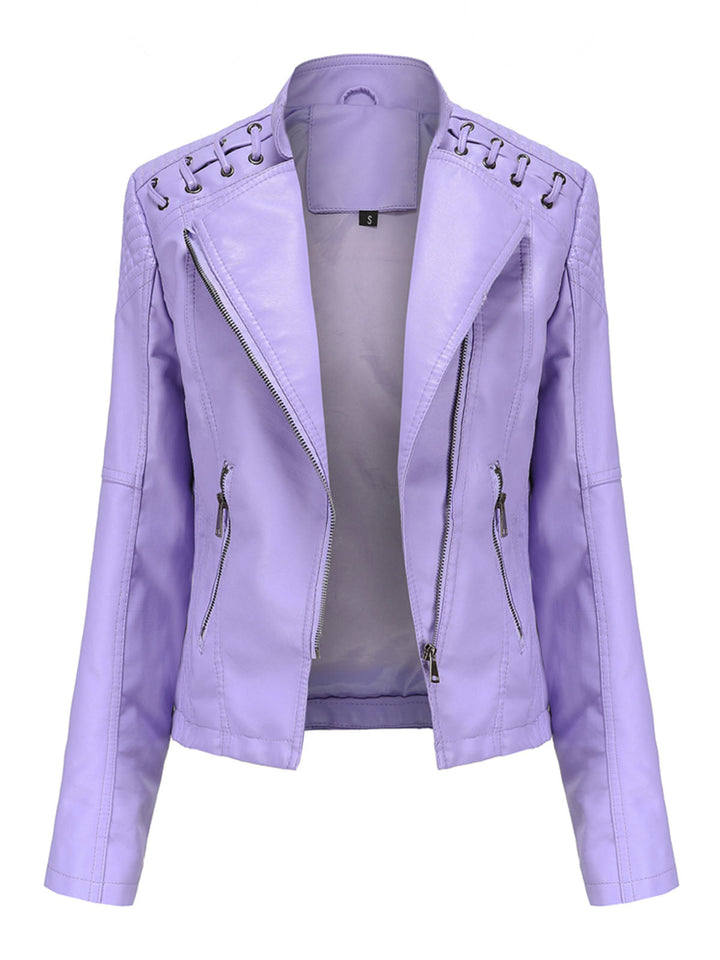 Asymmetrical Zip Moto Jacket with Lace-Up Shoulder Detail