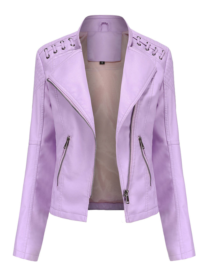 Asymmetrical Zip Moto Jacket with Lace-Up Shoulder Detail