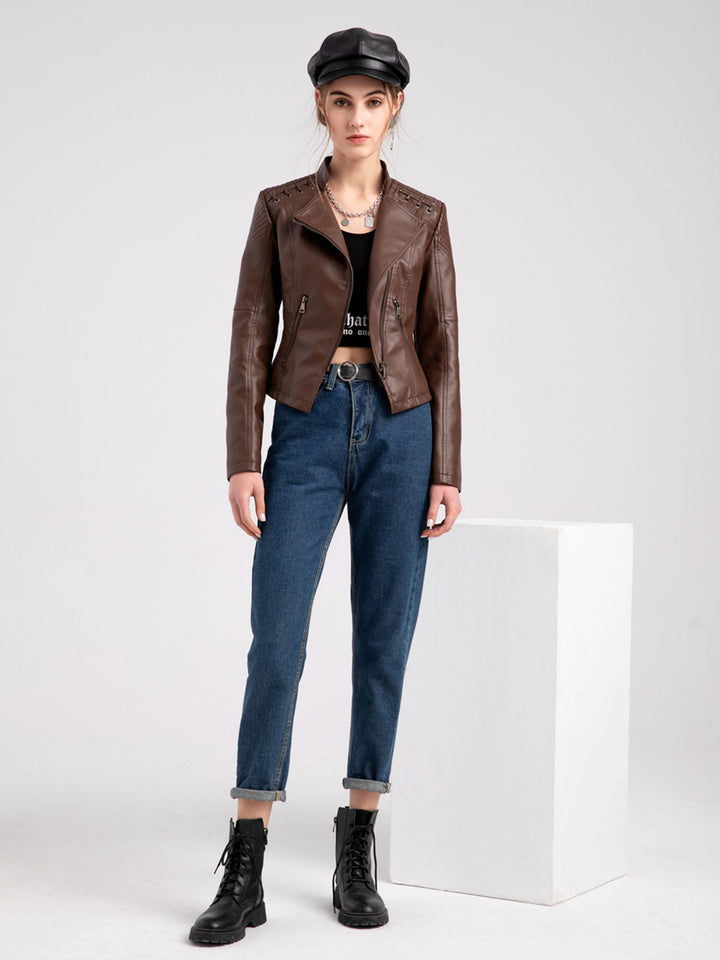 Asymmetrical Zip Moto Jacket with Lace-Up Shoulder Detail