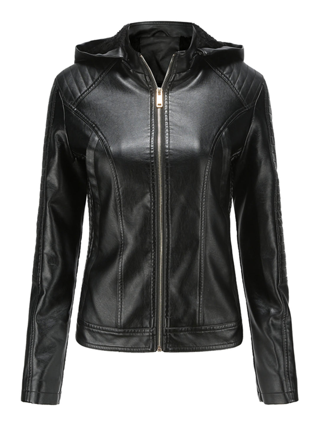 Women’s Hooded Zip Front Jacket with Quilted Shoulder Panels