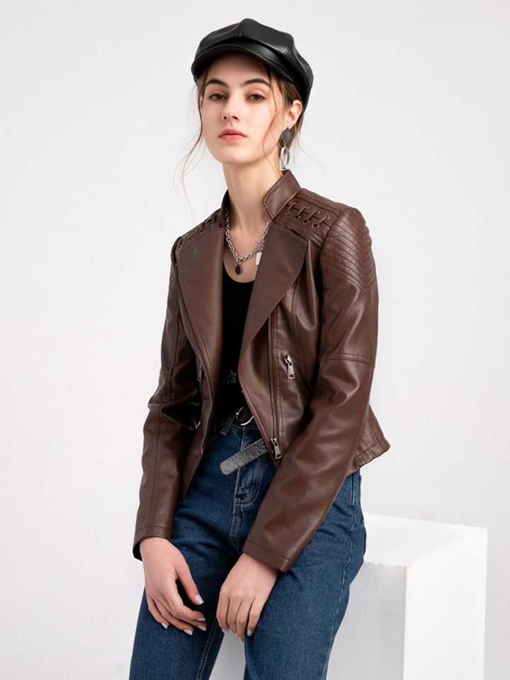 Asymmetrical Zip Moto Jacket with Lace-Up Shoulder Detail