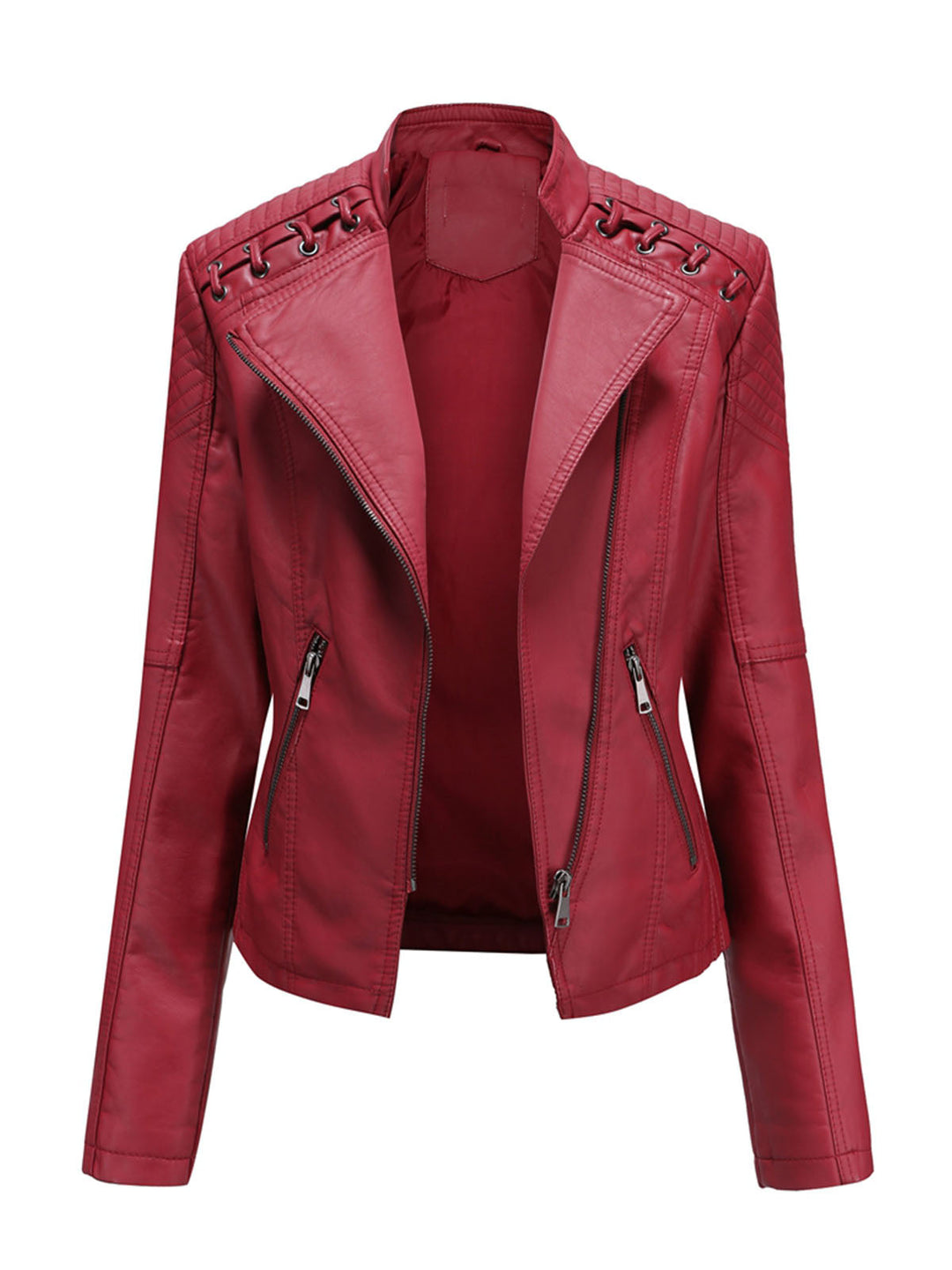 Asymmetrical Zip Moto Jacket with Lace-Up Shoulder Detail