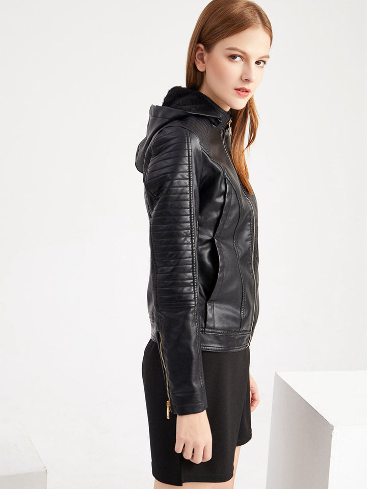 Women’s Hooded Zip Front Jacket with Quilted Shoulder Panels