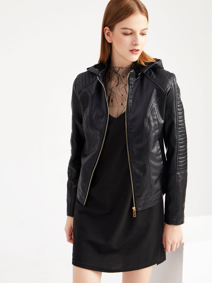 Women’s Hooded Zip Front Jacket with Quilted Shoulder Panels