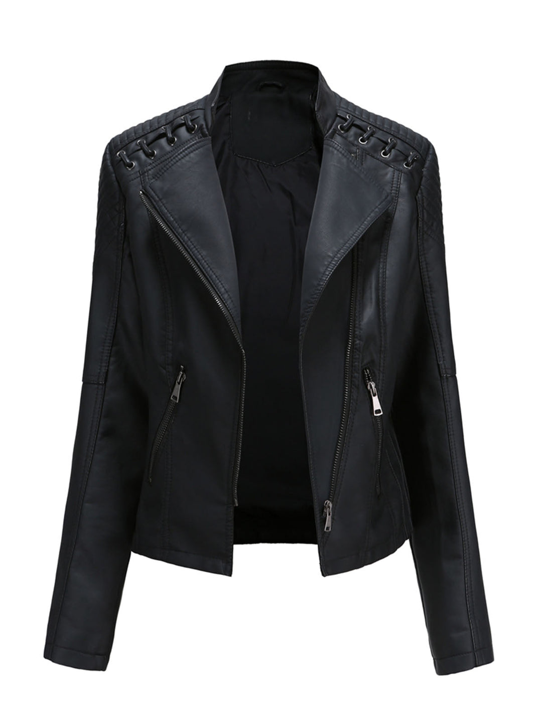 Asymmetrical Zip Moto Jacket with Lace-Up Shoulder Detail