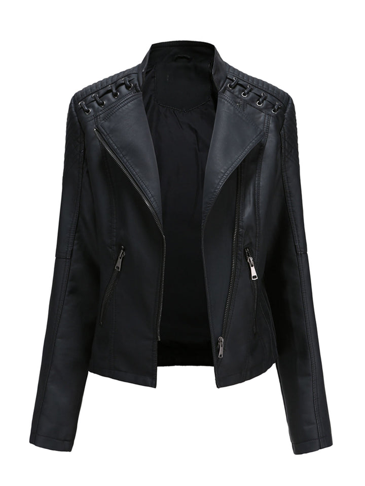 Asymmetrical Zip Moto Jacket with Lace-Up Shoulder Detail