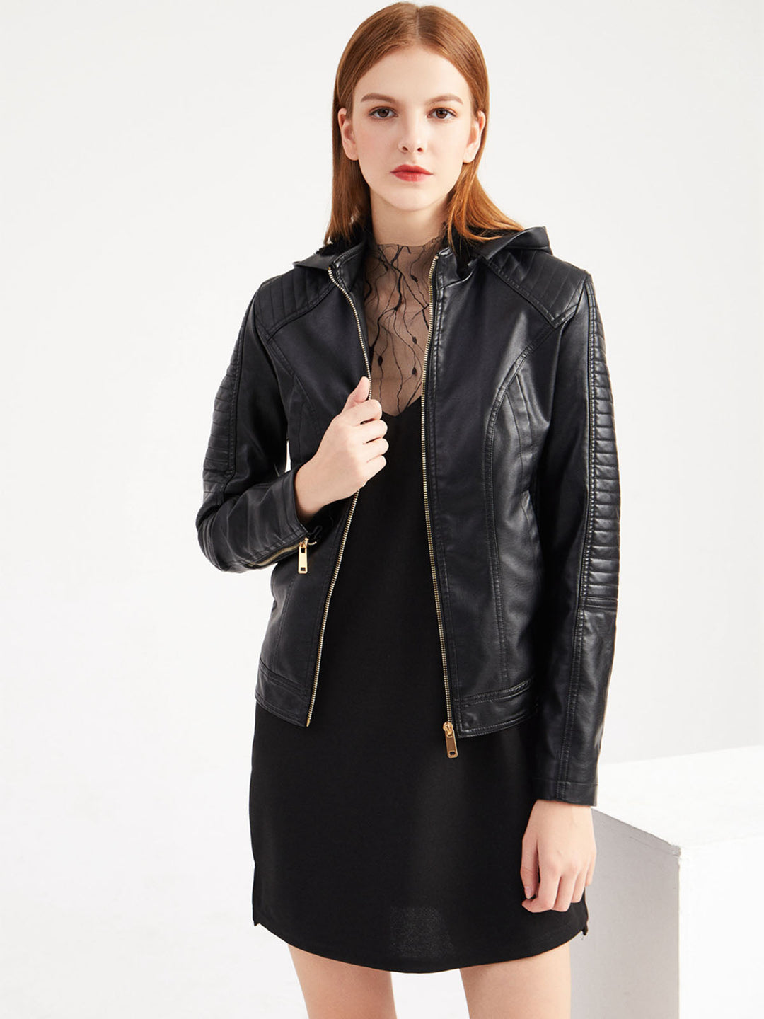 Women’s Hooded Zip Front Jacket with Quilted Shoulder Panels