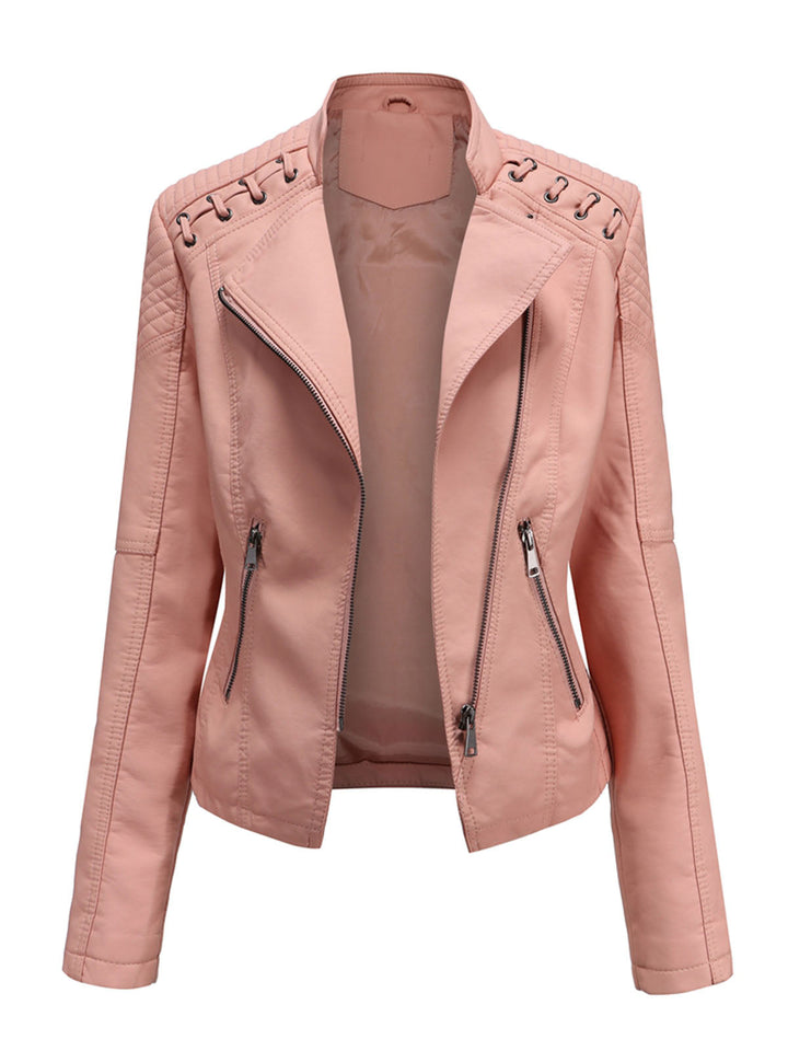 Asymmetrical Zip Moto Jacket with Lace-Up Shoulder Detail