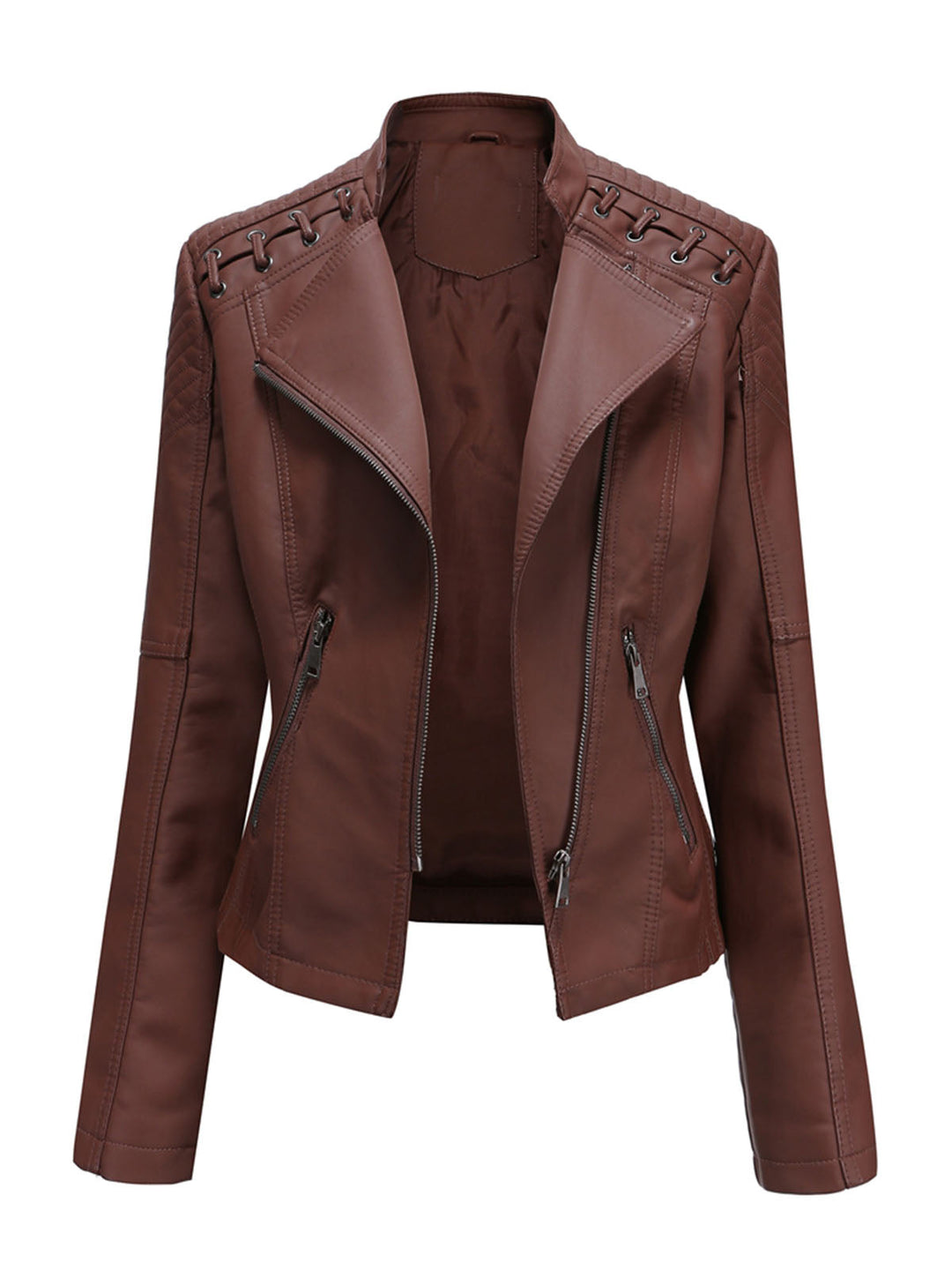 Asymmetrical Zip Moto Jacket with Lace-Up Shoulder Detail