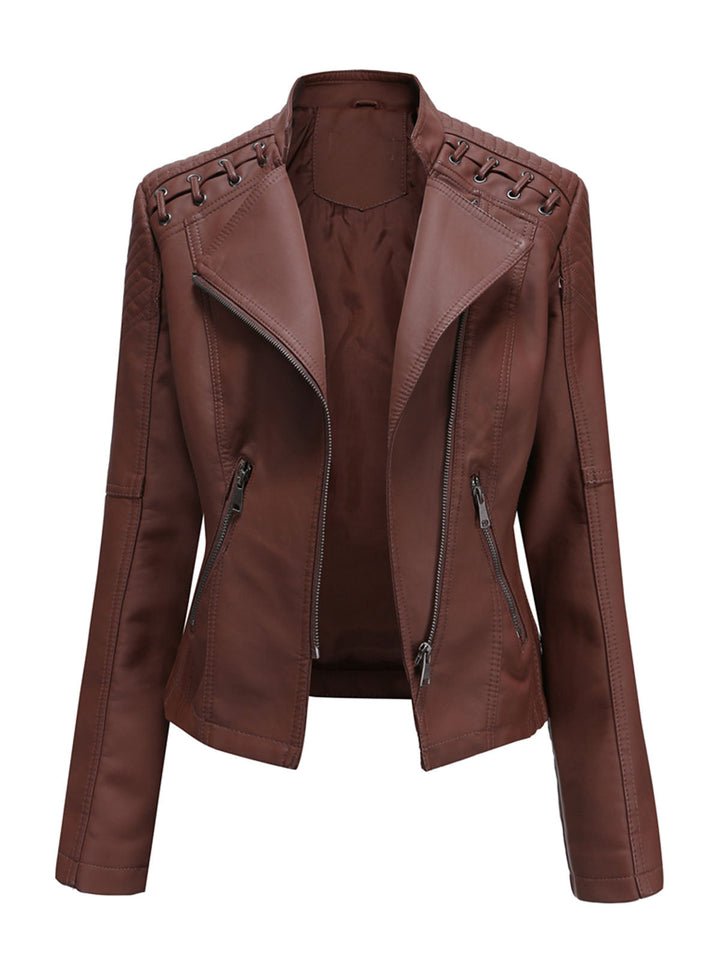 Asymmetrical Zip Moto Jacket with Lace-Up Shoulder Detail