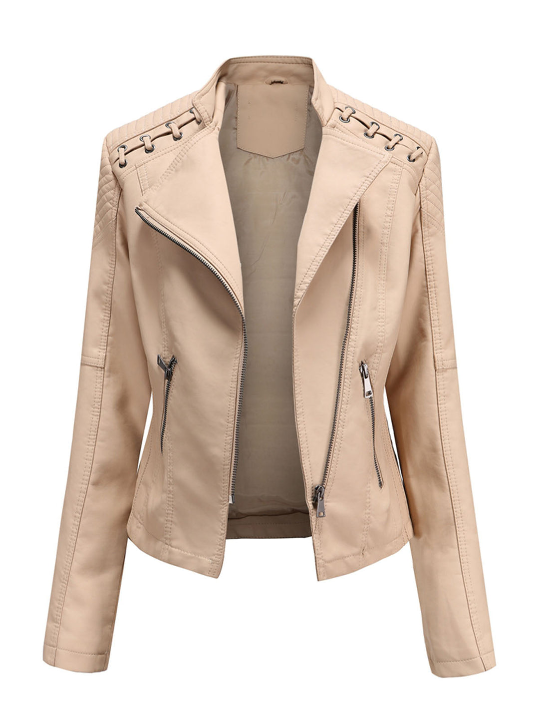 Asymmetrical Zip Moto Jacket with Lace-Up Shoulder Detail