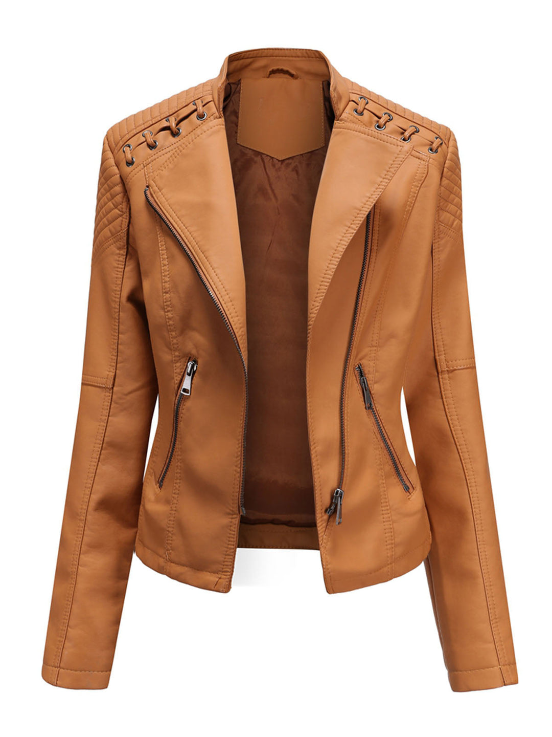 Asymmetrical Zip Moto Jacket with Lace-Up Shoulder Detail