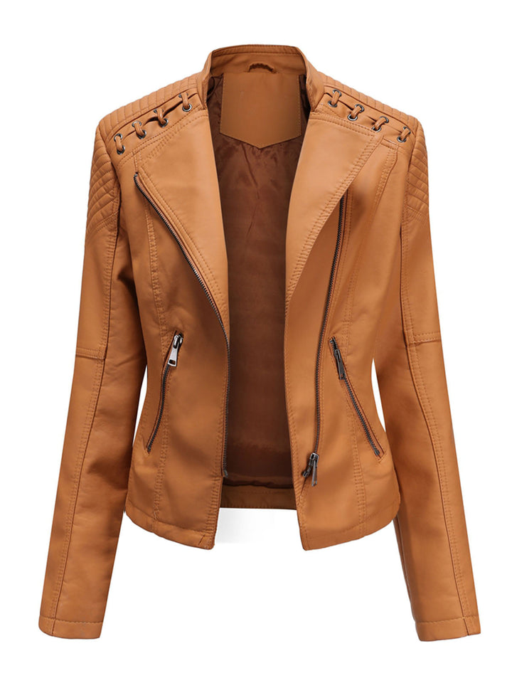 Asymmetrical Zip Moto Jacket with Lace-Up Shoulder Detail