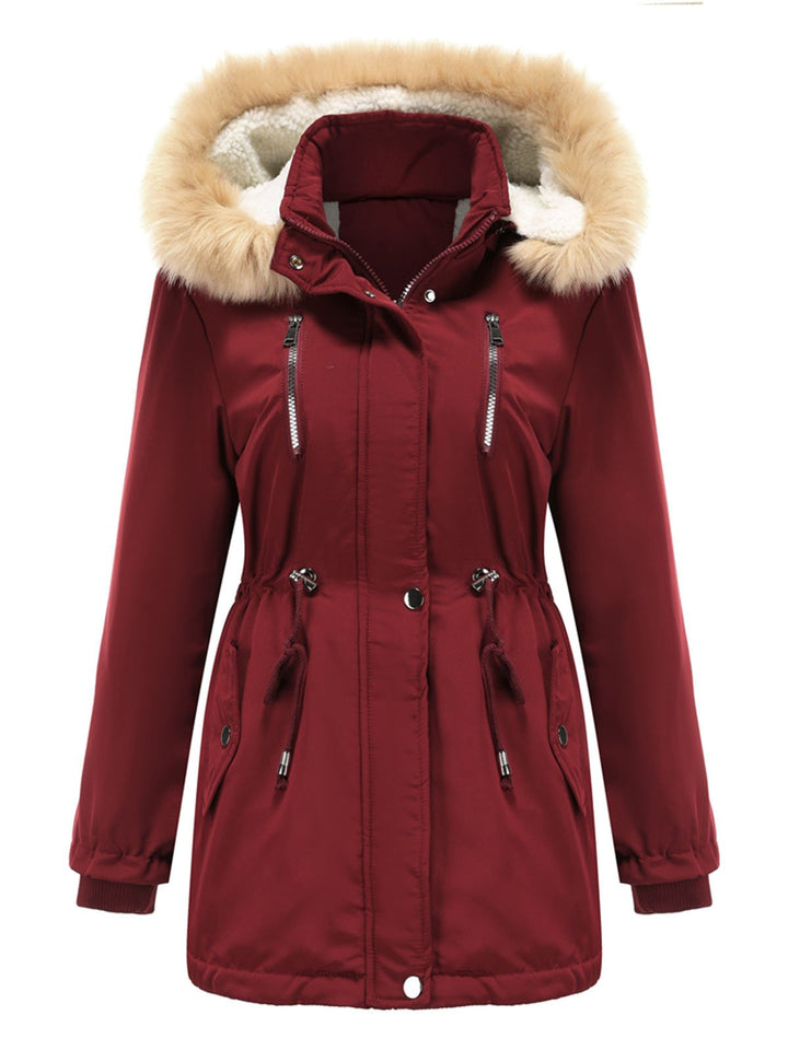Faux Fur Hooded Winter Coat with Adjustable Waist and Front Closure