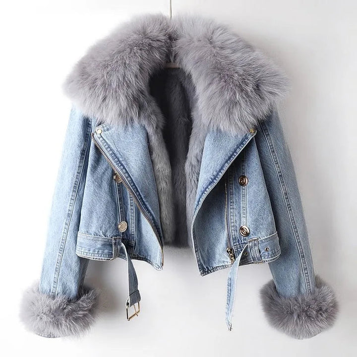 Women’s Cropped Denim Jacket with Faux Fur Collar and Cuffs