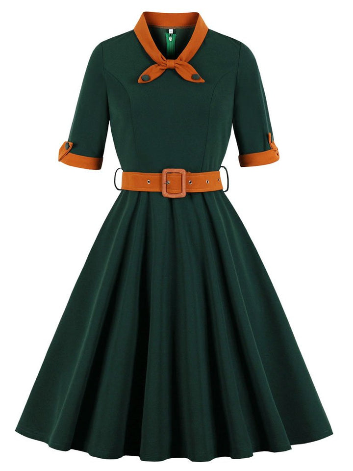 Women’s Vintage-Inspired Dress with Bow Collar and Waist Belt
