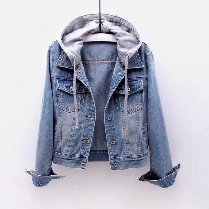 Women's Hooded Denim Jacket with Button Front and Drawstring Hood