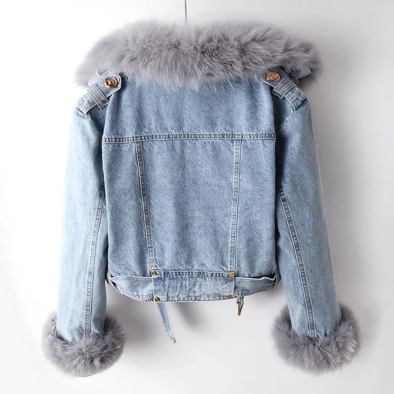 Women’s Cropped Denim Jacket with Faux Fur Collar and Cuffs