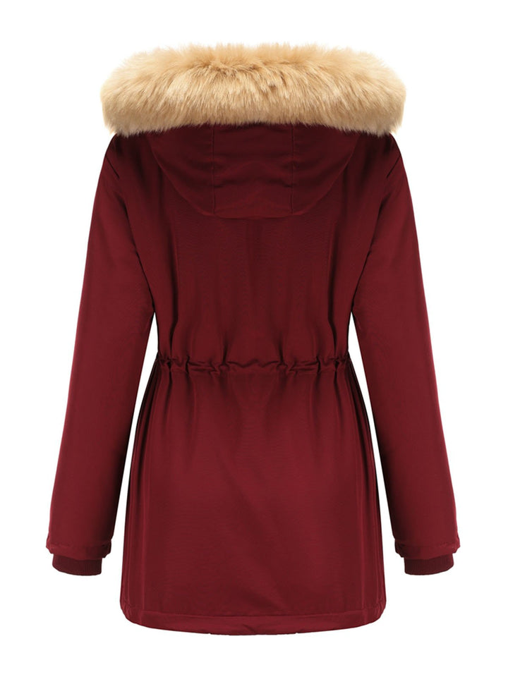 Faux Fur Hooded Winter Coat with Adjustable Waist and Front Closure