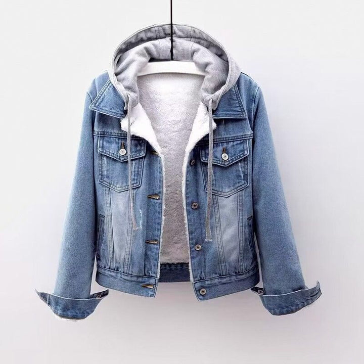Women's Hooded Denim Jacket with Button Front and Drawstring Hood