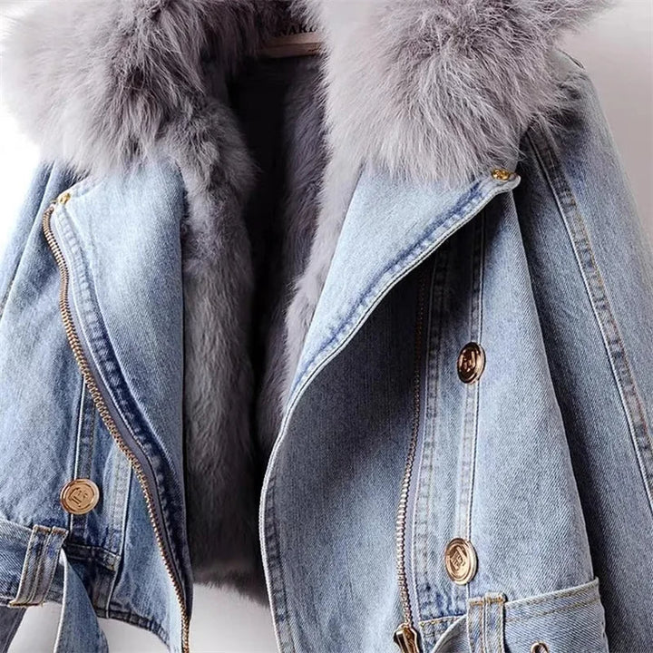 Women’s Cropped Denim Jacket with Faux Fur Collar and Cuffs