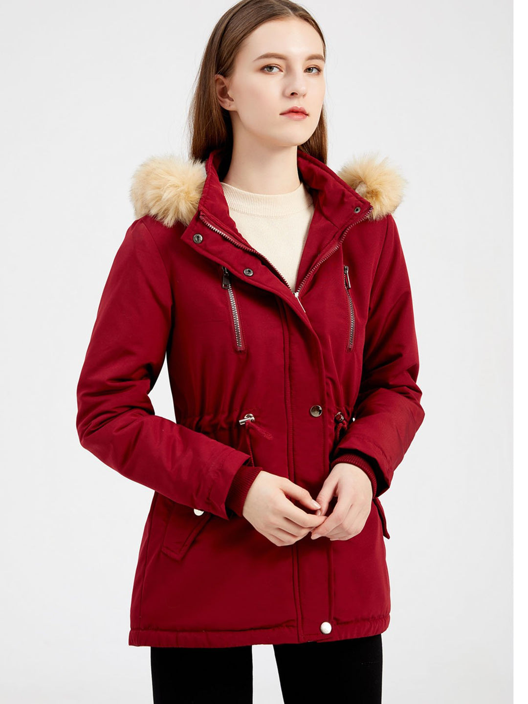 Faux Fur Hooded Winter Coat with Adjustable Waist and Front Closure