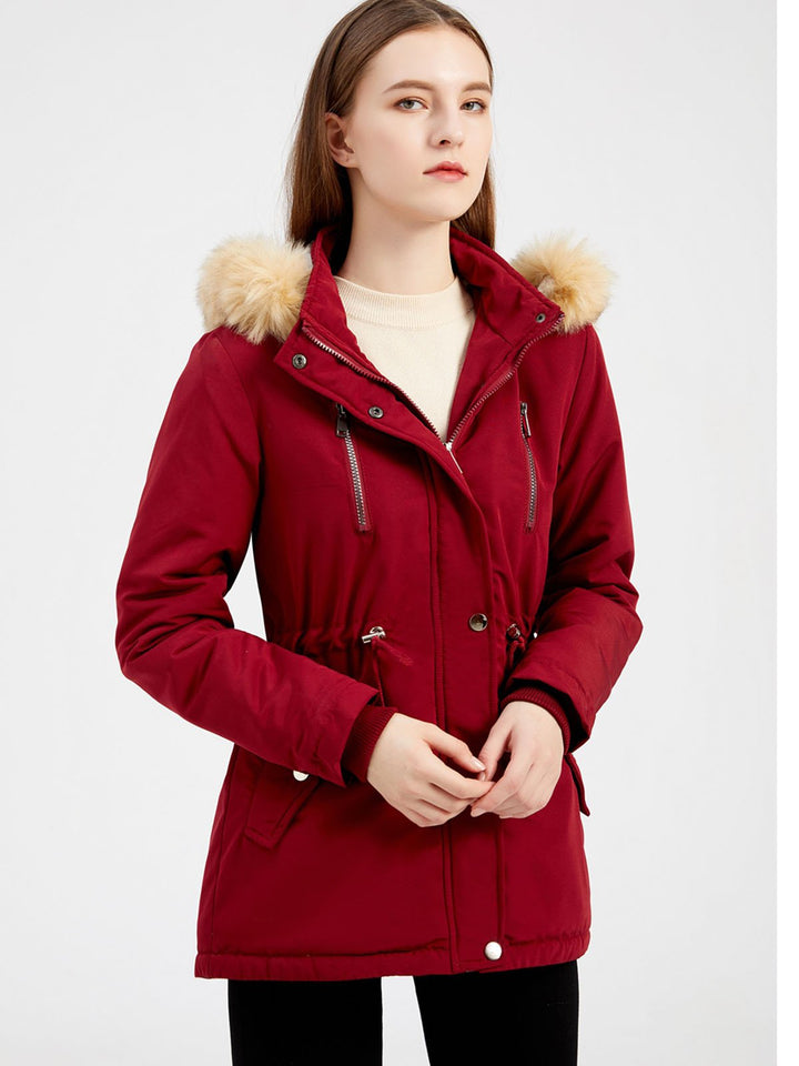 Faux Fur Hooded Winter Coat with Adjustable Waist and Front Closure
