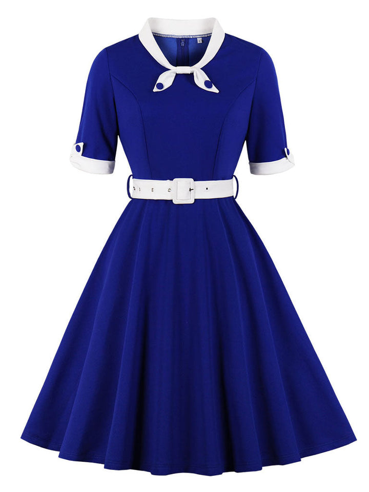 Women’s Vintage-Inspired Dress with Bow Collar and Waist Belt