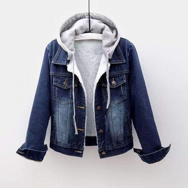 Women's Hooded Denim Jacket with Button Front and Drawstring Hood