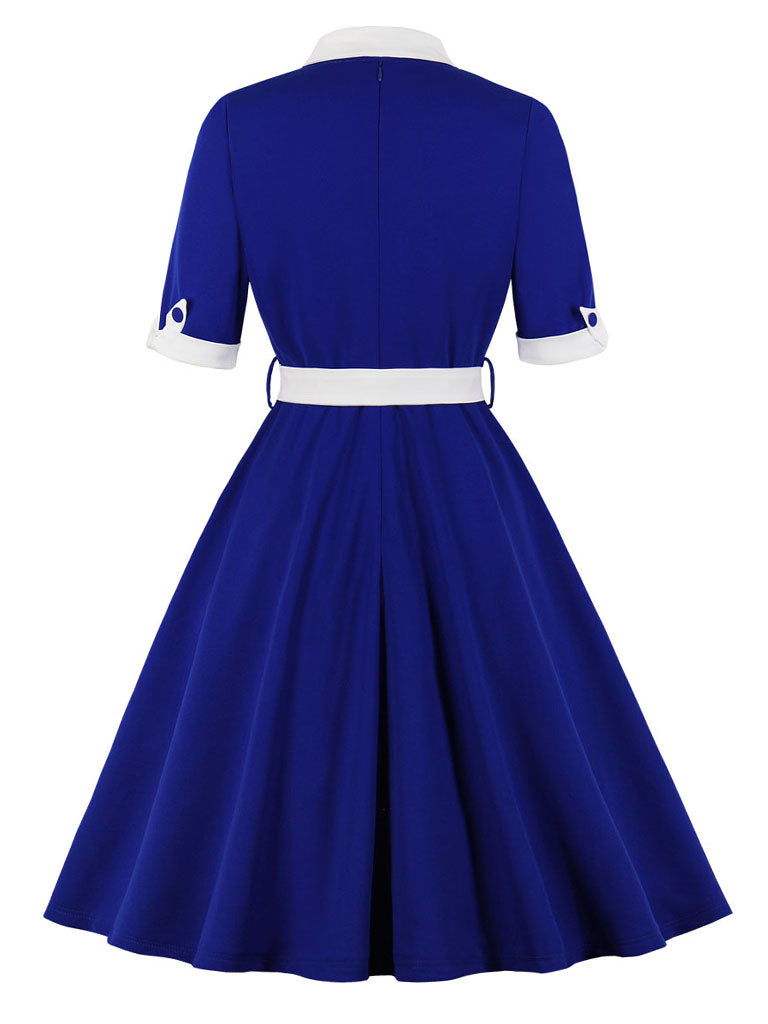 Women’s Vintage-Inspired Dress with Bow Collar and Waist Belt