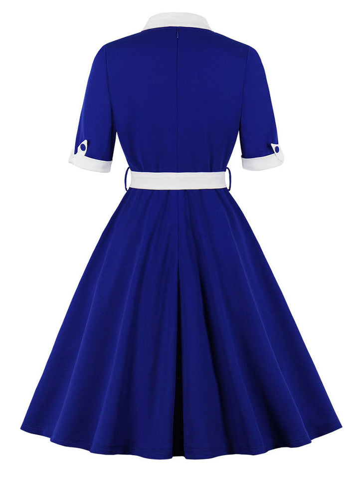 Women’s Vintage-Inspired Dress with Bow Collar and Waist Belt