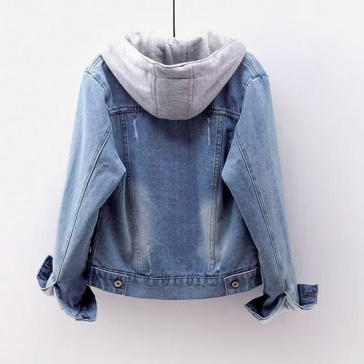 Women's Hooded Denim Jacket with Button Front and Drawstring Hood