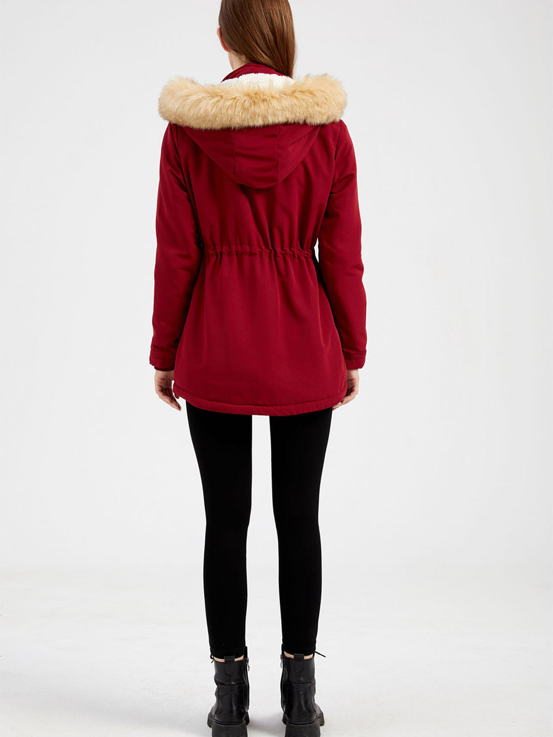 Faux Fur Hooded Winter Coat with Adjustable Waist and Front Closure