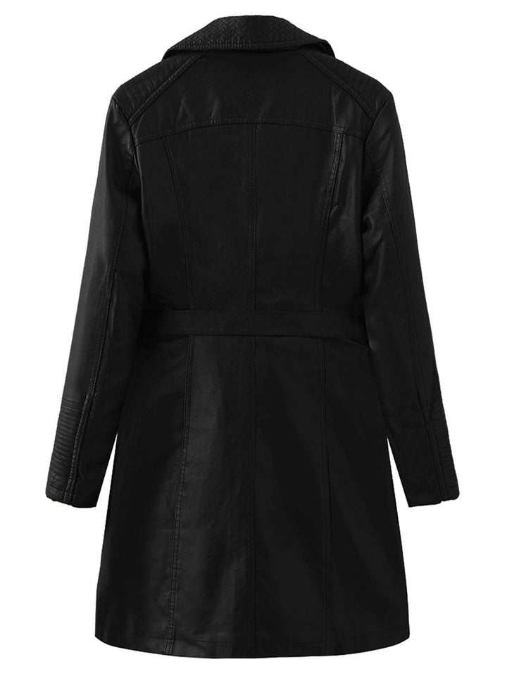 Double-Breasted Belted Long Jacket with Structured Lapel Collar