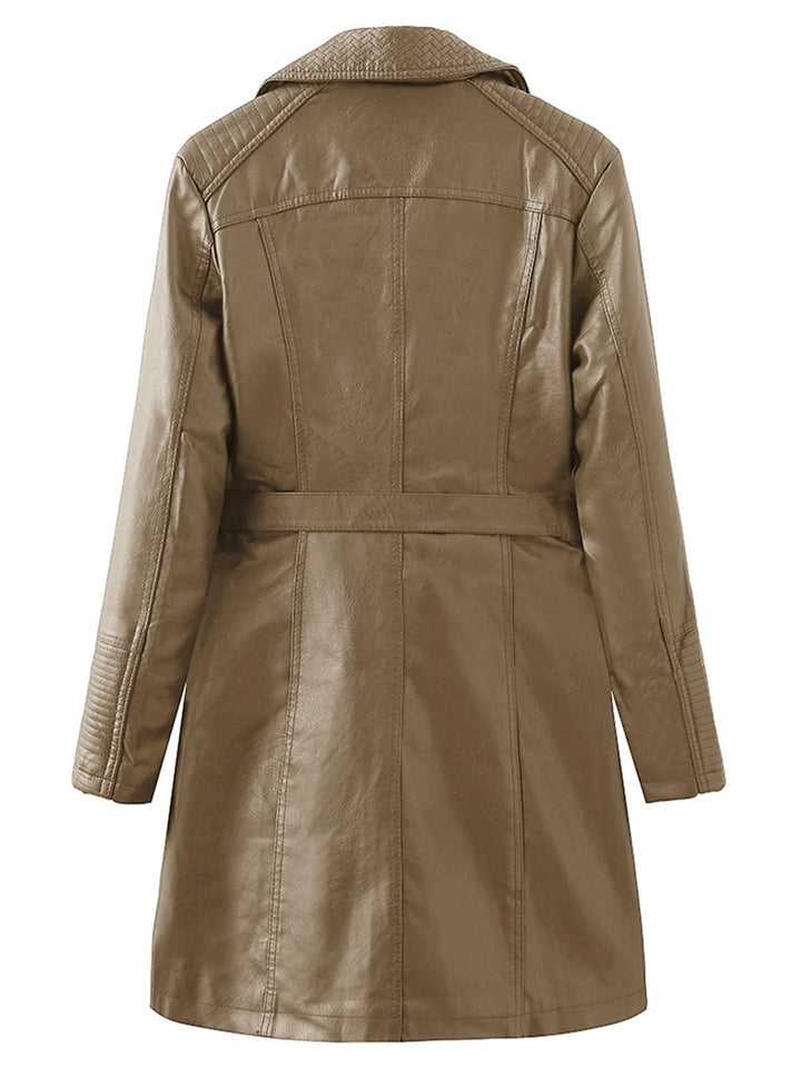 Double-Breasted Belted Long Jacket with Structured Lapel Collar