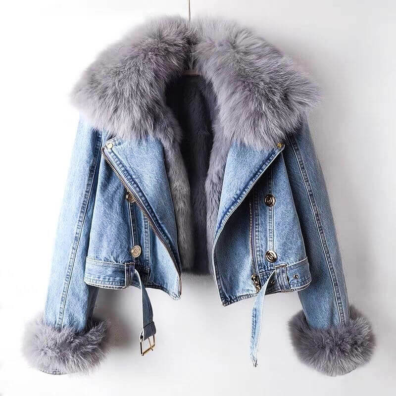Women's Faux Fur Collar Denim Jacket with Decorative Button Details
