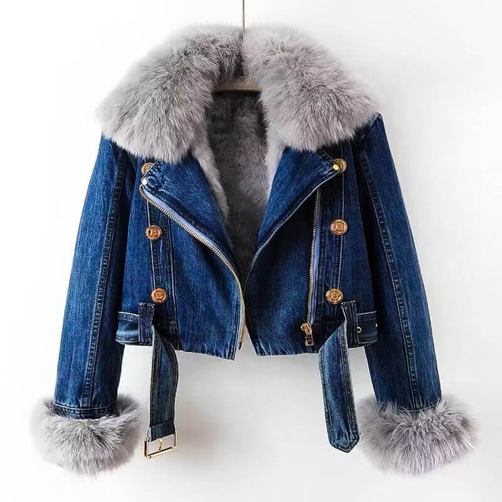 Women's Faux Fur Collar Denim Jacket with Decorative Button Details