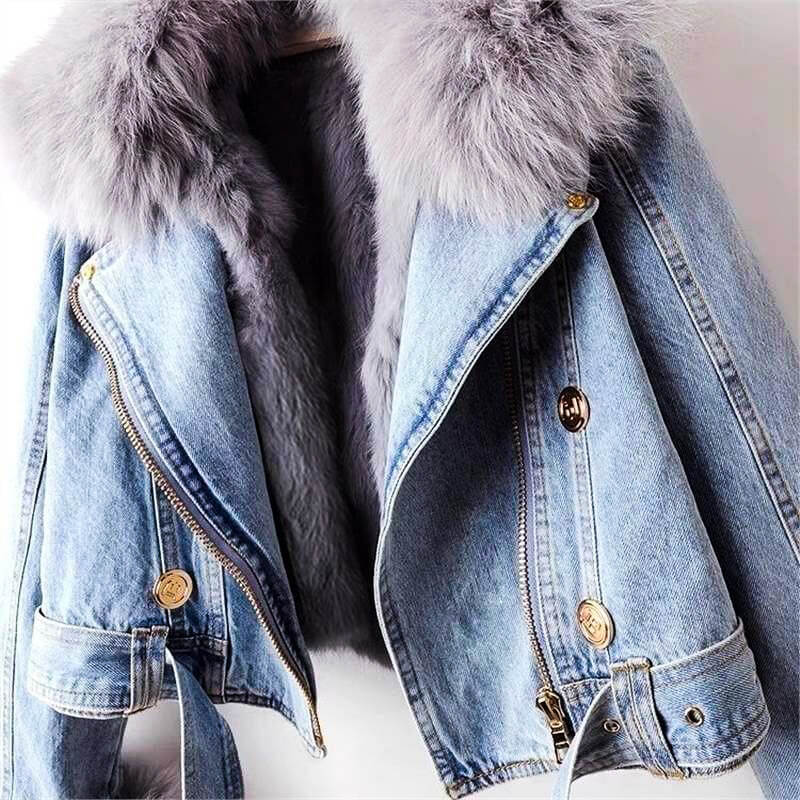 Women's Faux Fur Collar Denim Jacket with Decorative Button Details