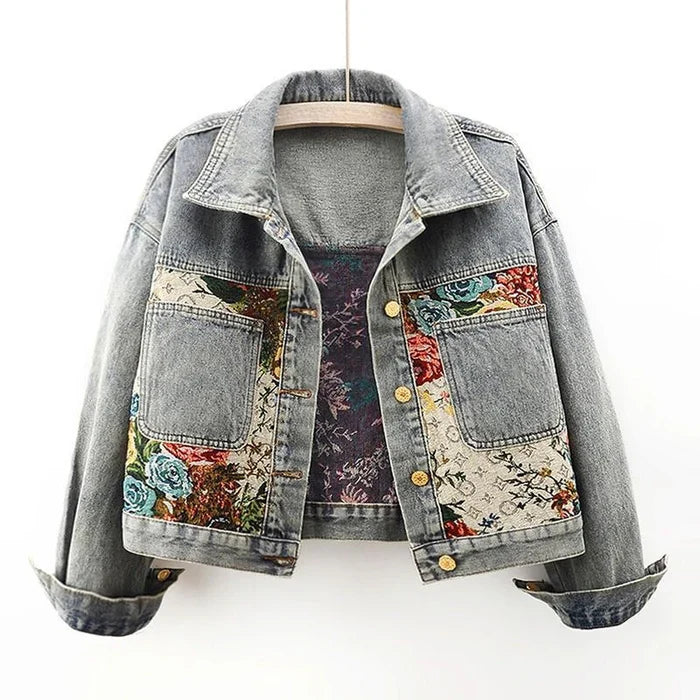 Women's Floral Patchwork Denim Jacket with Front Button Closure