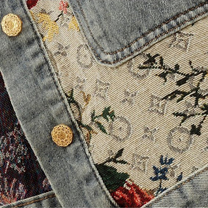Women's Floral Patchwork Denim Jacket with Front Button Closure